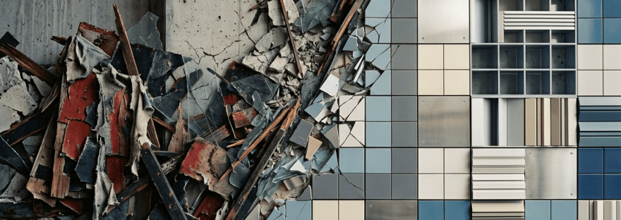 Crumbled wall and debris beside a geometric tiled architectural facade